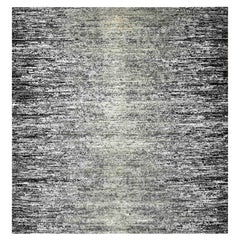 8'2 "x8'2" nero, disegno a righe annodato a mano, tappeto orientale quadrato in lana e seta