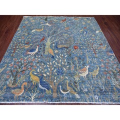 8'2 "x8'2" Blau Peshawar Paradiesvögel Design Handgeknüpft Wolle Runde Teppich