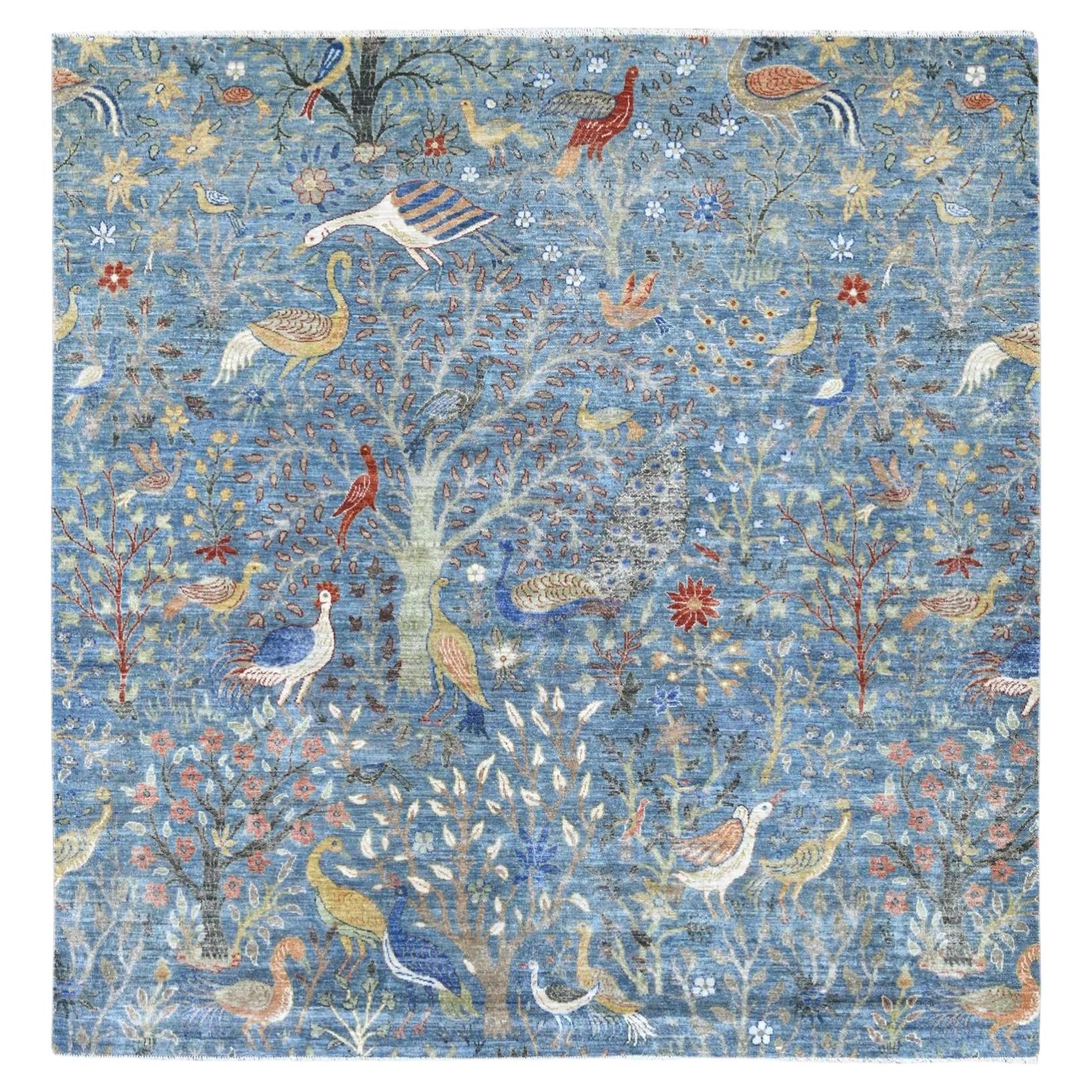 8'2"x8'2" Blue Peshawar Birds of Paradise Design Hand Knotted Wool Round Rug