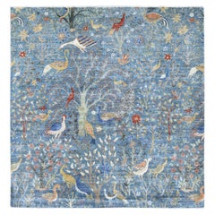 8'2 "x8'2" Blau Peshawar Paradiesvögel Design Handgeknüpft Wolle Runde Teppich