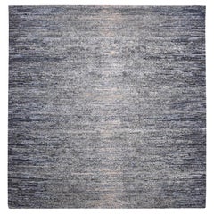 8'2 "x8'2" Alfombra Cuadrada Anudada a Mano con Diseño Ombre Horizontal de Lana y Seda Azul
