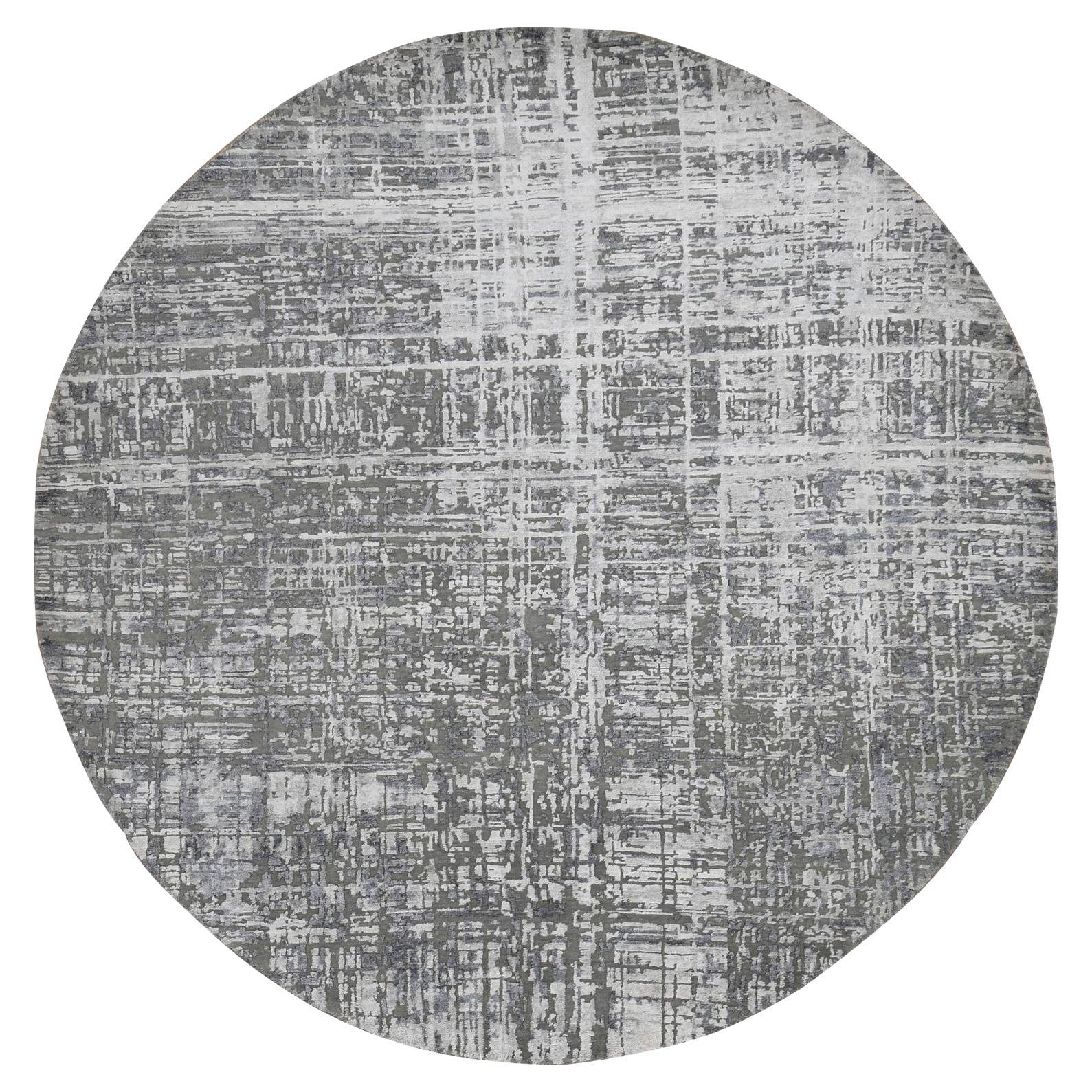 8'2 "x8'2" Gris Carbón, Lana y Seda, Diseño Abstracto, Anudada a Mano, Alfombra Redonda