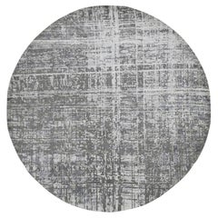 8'2 "x8'2" Gris Carbón, Lana y Seda, Diseño Abstracto, Anudada a Mano, Alfombra Redonda