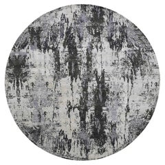 8'2 "x8'2" Tappeto rotondo annodato a mano in lana e seta grigio antracite
