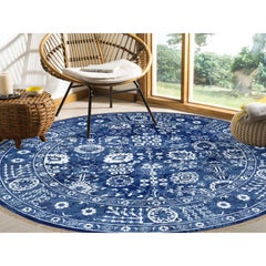 8'2"x8'2" Denim Blue, Wool and Silk Hand Knotted, Tabriz Round Oriental Rug
