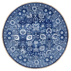 8
2"x8
2" Denim Blue, Wool and Silk Hand Knotted, Tabriz Round Oriental Rug
