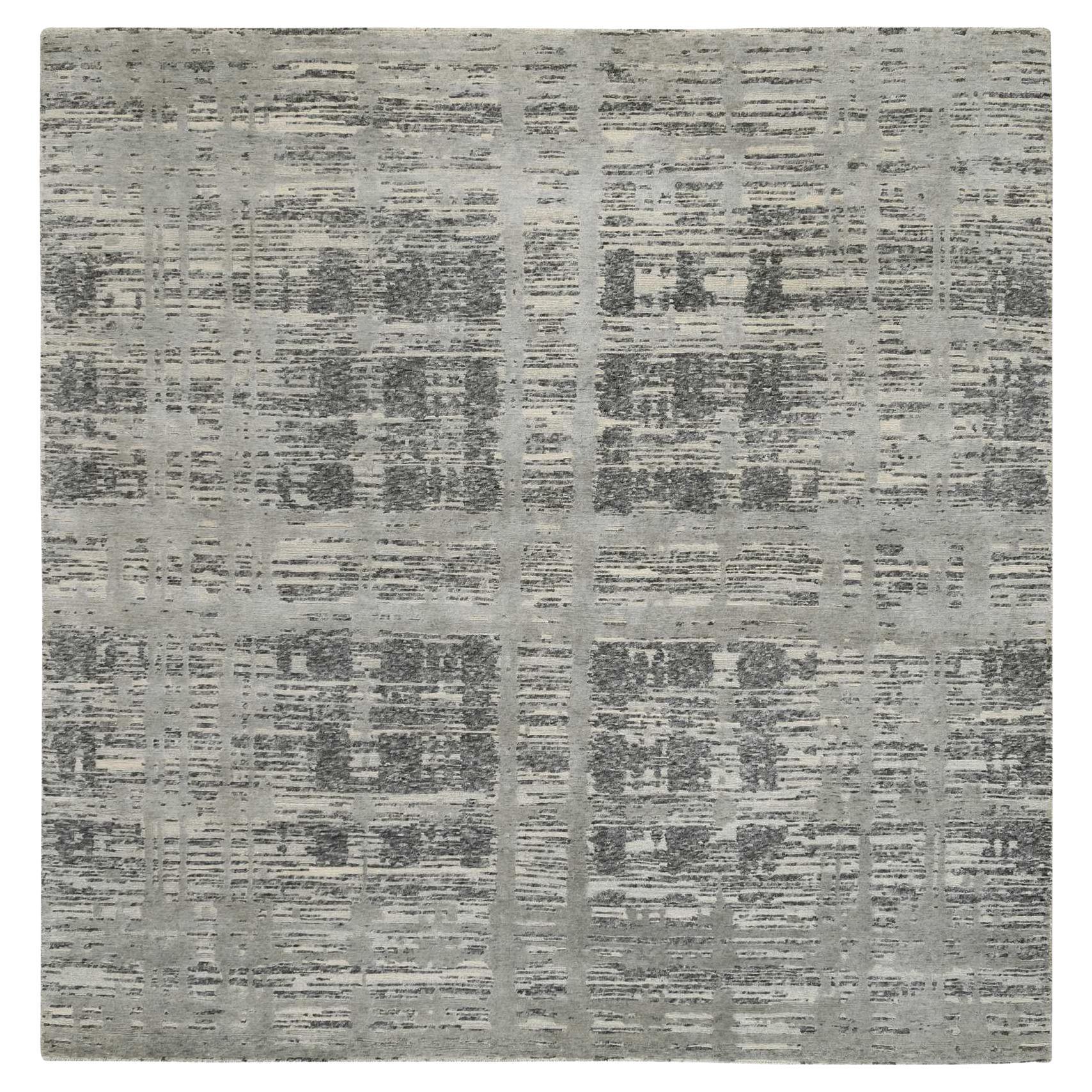 8'2 "x8'2" Alfombra cuadrada de lana natural, anudada a mano, gris, con diseño moderno de cruces entrecruzadas
