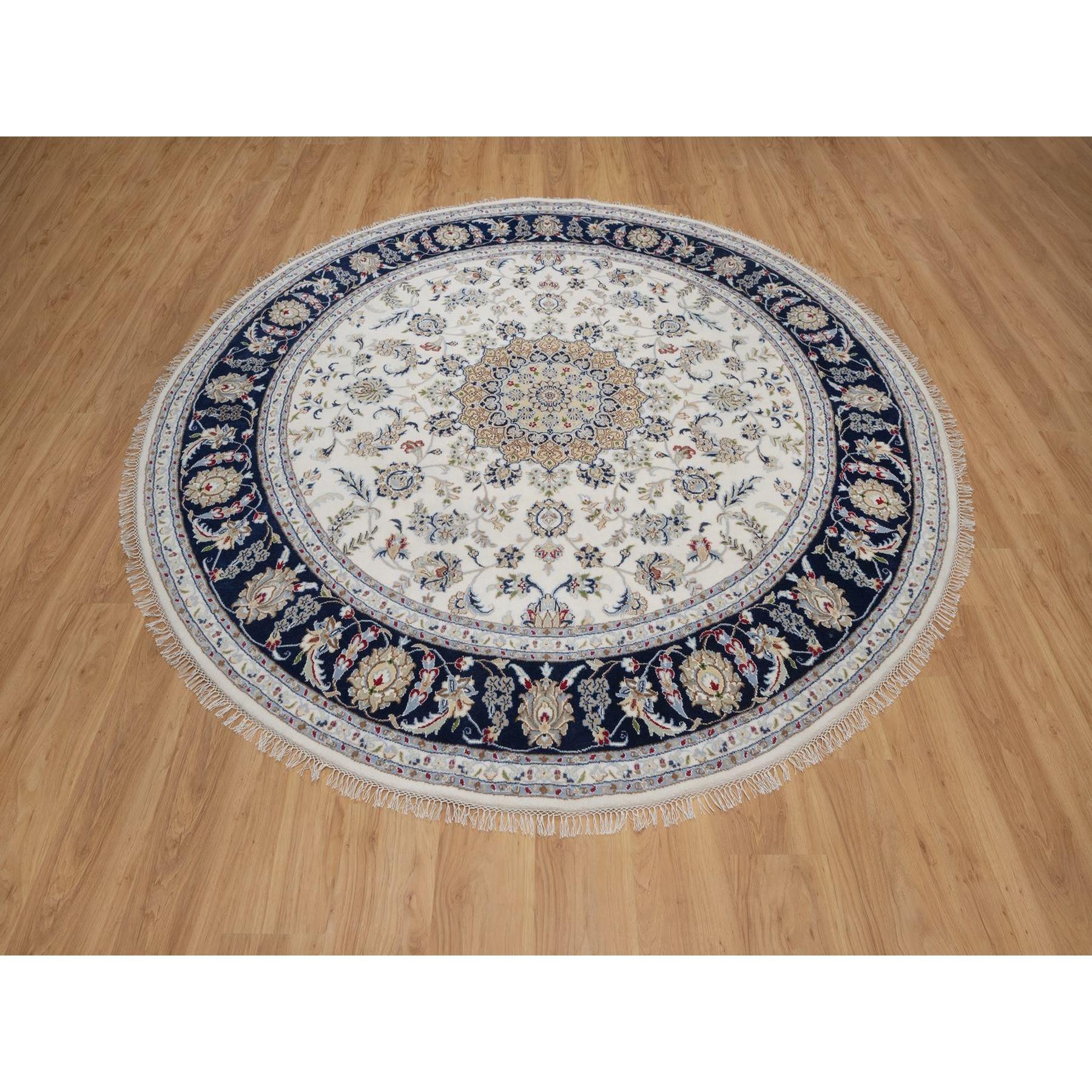 Winter White, Nain with Flower Medallion Design, 250 KPSI, Soft Pile, Wool and Silk, Hand Knotted, Round, Oriental Rug
Primary materials: Wool & Silk
Latex: No Pile 
height: 0.25 Inches
Style: Traditional
Primary color: Ivory
Secondary colors:
