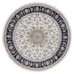 8'2"x8'2" Ivory Nain Flower Medallion Design Wool & Silk Hand Knotted Round Rug