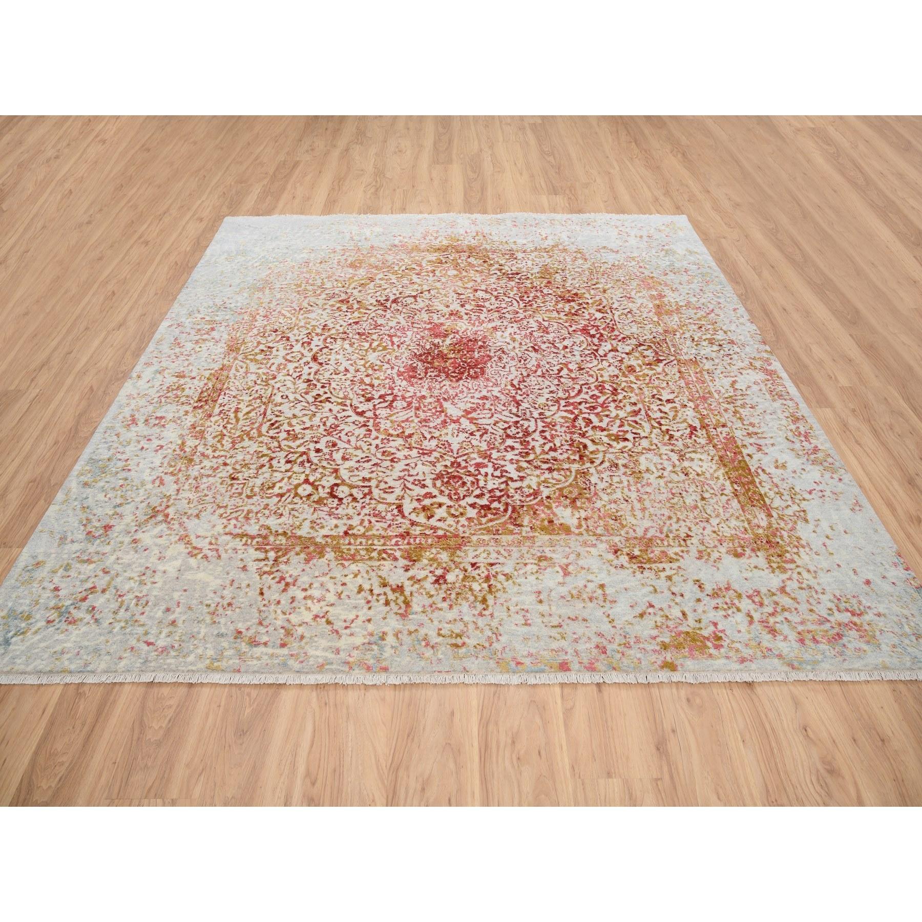 This is a truly genuine one-of-a-kind Hand Knotted Ivory Persian Erased Medallion Design Wool and Pure Silk Oriental Square Rug. It has been Knotted for months and months in the centuries-old weaving craftsmanship techniques by expert