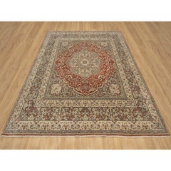 8'2"x8'2" Red and Taupe Antiqued Tabriz Hand Knotted Square Pure Wool Rug