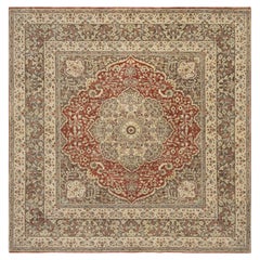 8'2"x8'2" Red and Taupe Antiqued Tabriz Hand Knotted Square Pure Wool Rug