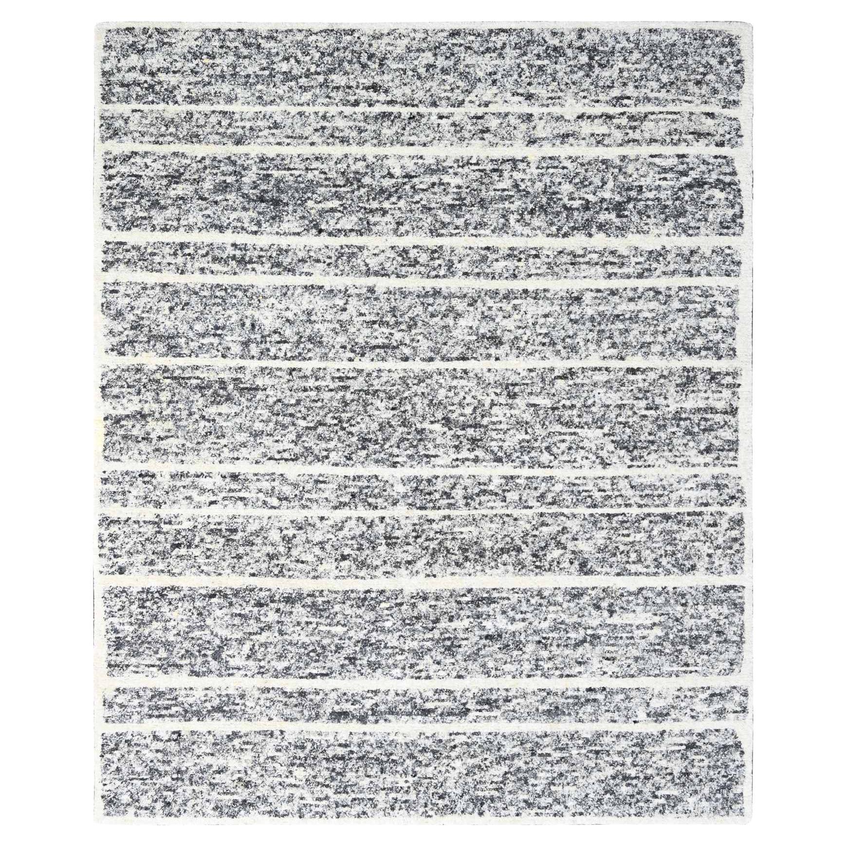 8'2 "x9'10" Nero e Avorio Design Moderno a Strisce Tappeto Annodato a Mano in Lana Non Colorata