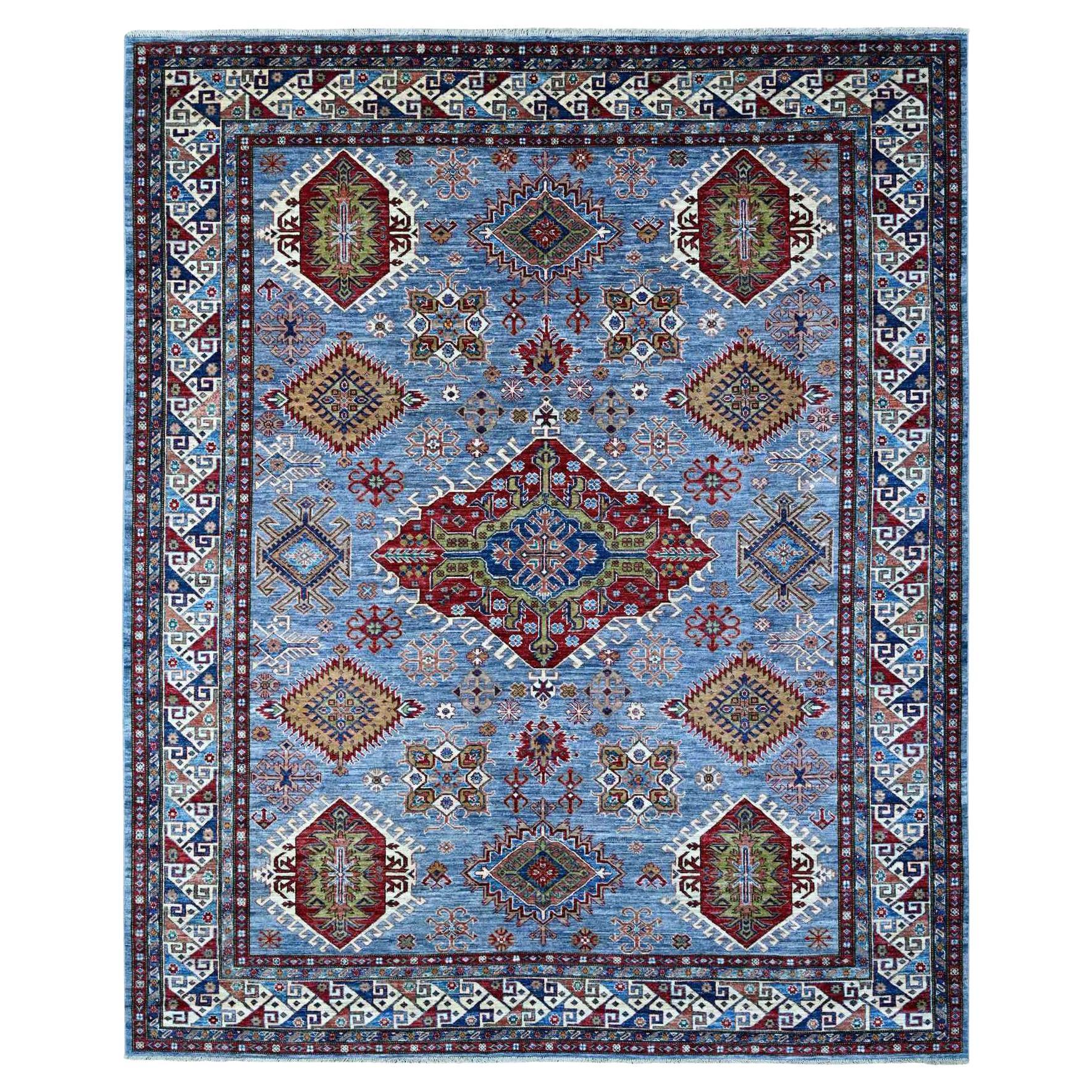 8'2"x9'10" Blue Gray Super Kazak Vibrant Geometric Elements Wool Hand Knotted Ru
