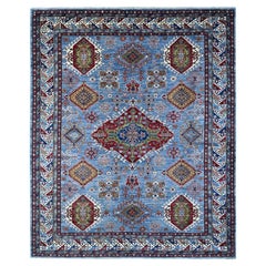 8'2"x9'10" Blue Gray Super Kazak Vibrant Geometric Elements Wool Hand Knotted Ru