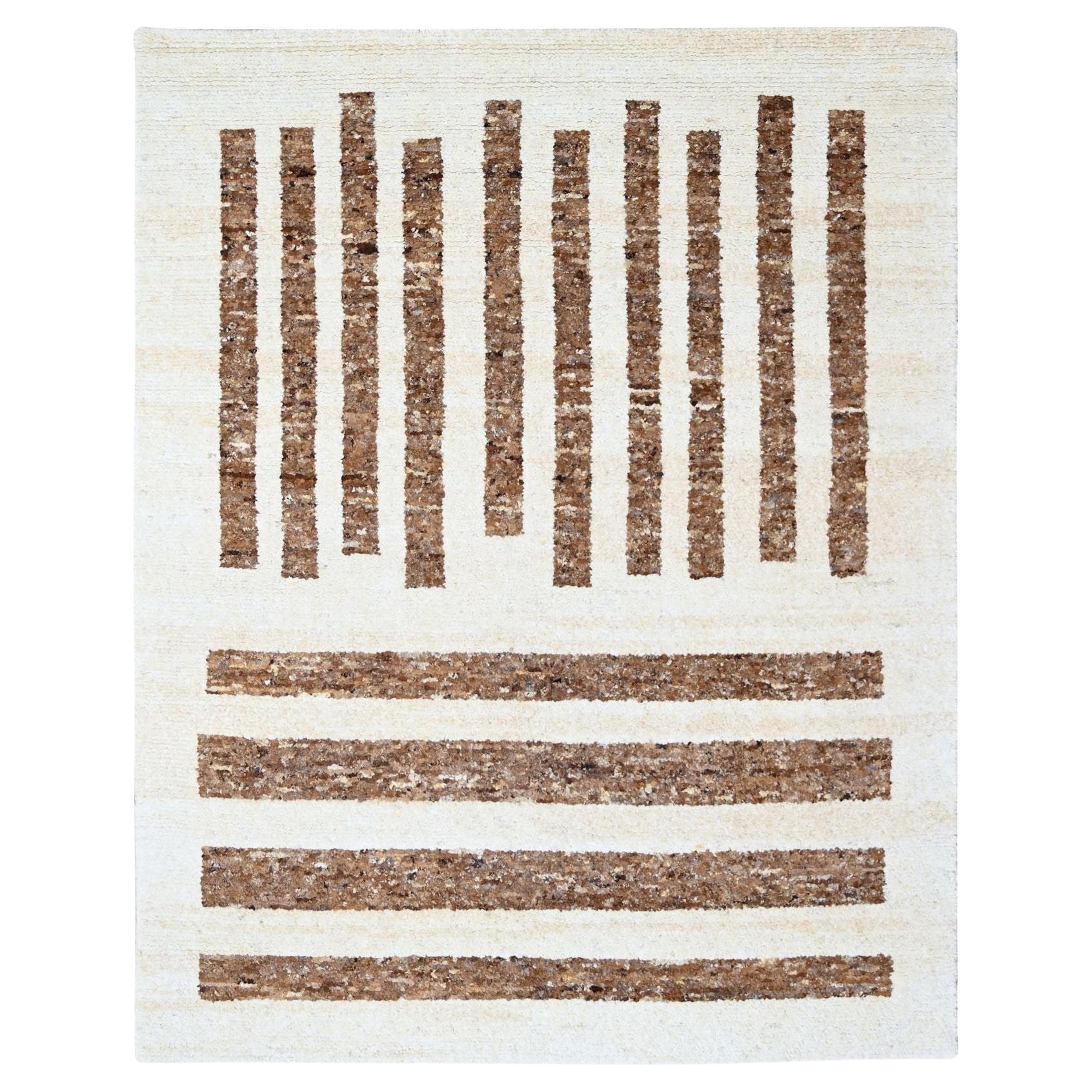 8'2 "x9'10" Marrón y Marfil Pura Lana Gruesa Textura Gruesa Anudada a Mano Ru Oriental
