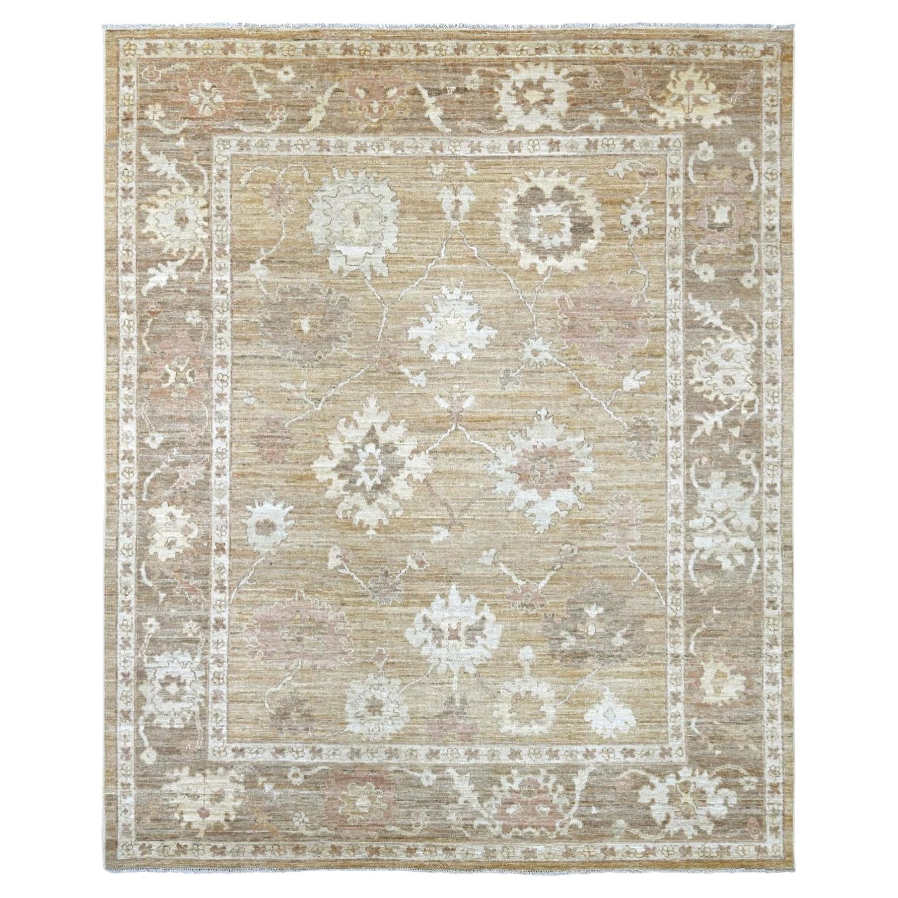 8'2"x9'10" Camel Brown Afghan Angora Oushak Leaf Design Hand Knotted Wool Rug