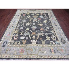 Tappeto di lana annodato a mano 8'2 "x9'10" grigio antracite Afghan Angora Oushak Leaf Design