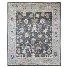 Tappeto di lana annodato a mano 8'2 "x9'10" grigio antracite Afghan Angora Oushak Leaf Design