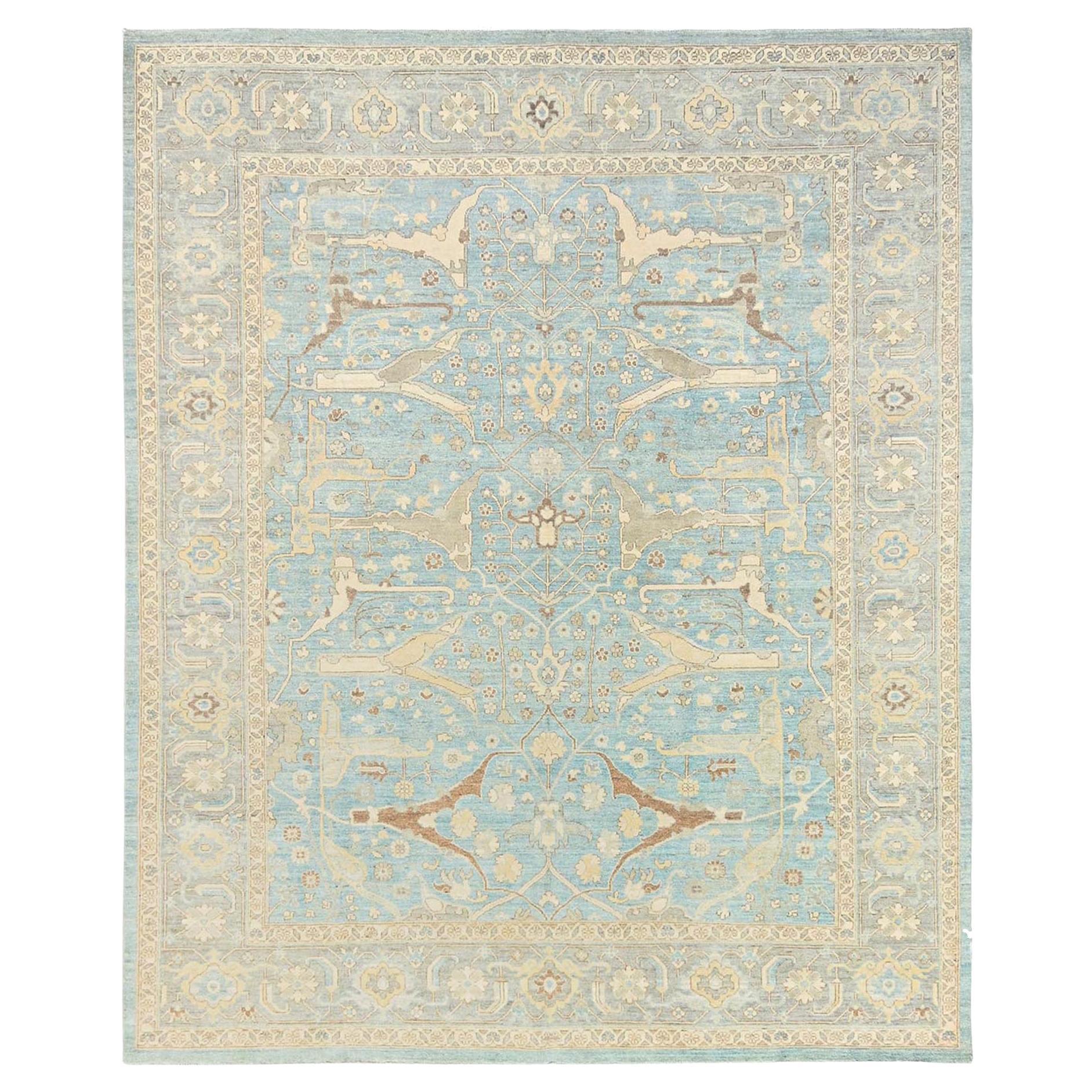 8
2"x9
10" Misty Blue Oushak with Muted Colors Hand Knotted Silky Wool Rug For Sale