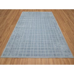 8'2"x9'10" Stone Blue Modern Grid Pattern Hand Loomed Soft Pure Wool Rug