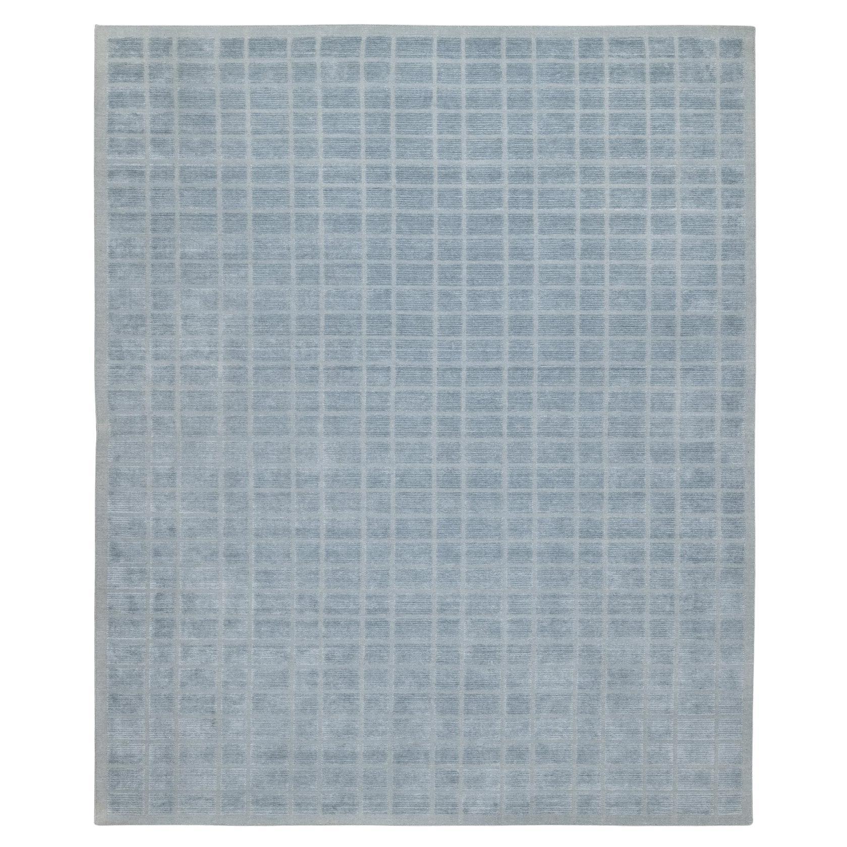 8
2 "x9
10" Stone Blue Modern Grid Pattern Hand Loomed Soft Pure Wool Rug en vente
