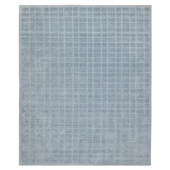 8'2"x9'10" Stone Blue Modern Grid Pattern Hand Loomed Soft Pure Wool Rug