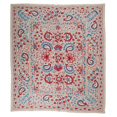 8.2x9.3 ft Silk Embroidered Bed Cover, Suzani Tablecloth, Vintage Wall Hanging