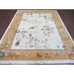 8'2"x9'3" Ivory Chinese Art Deco Inspired Peshawar Hand Knotted Soft Wool Rug