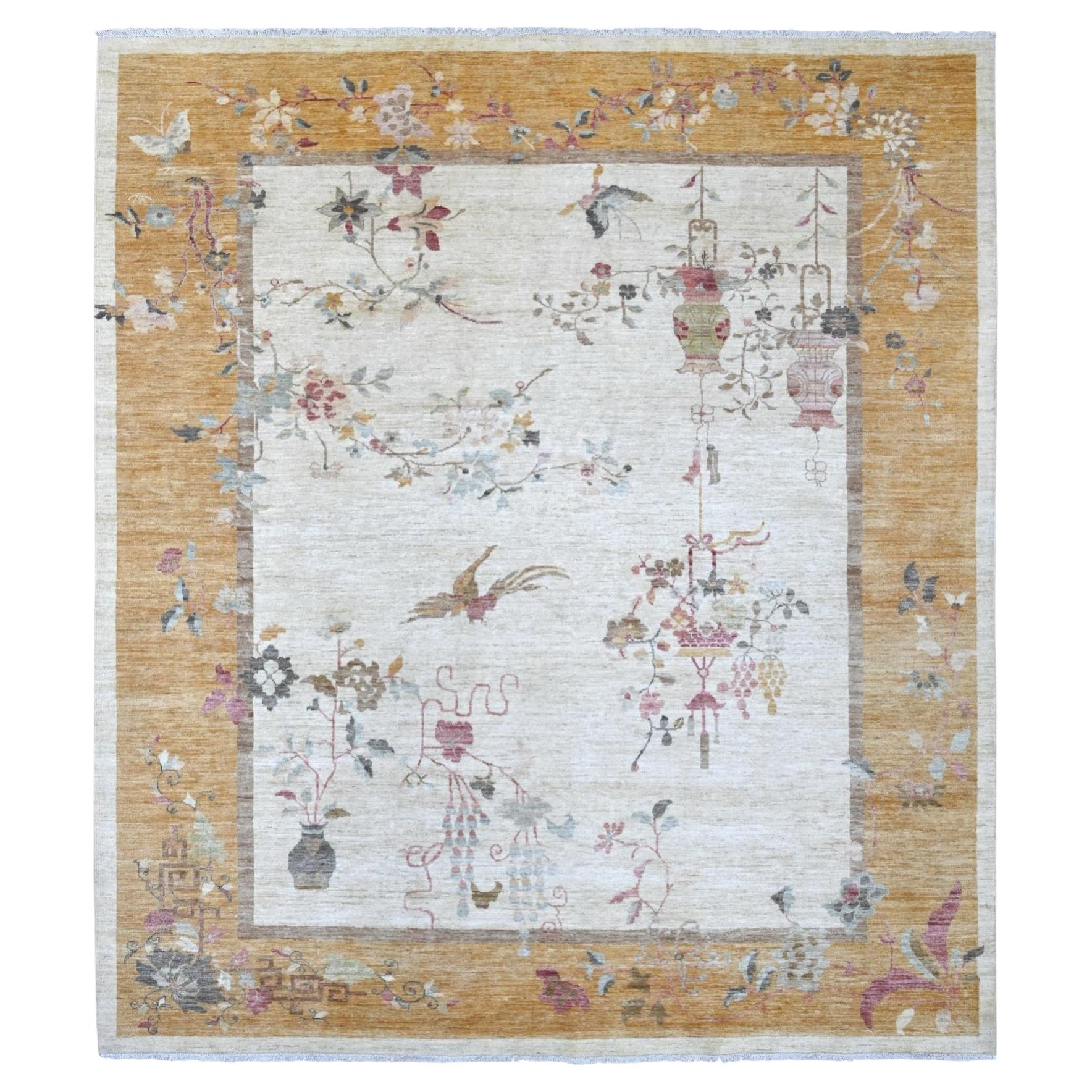 8'2"x9'3" Ivory Chinese Art Deco Inspired Peshawar Hand Knotted Soft Wool Rug For Sale