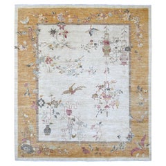 8'2"x9'3" Ivory Chinese Art Deco Inspired Peshawar Hand Knotted Soft Wool Rug