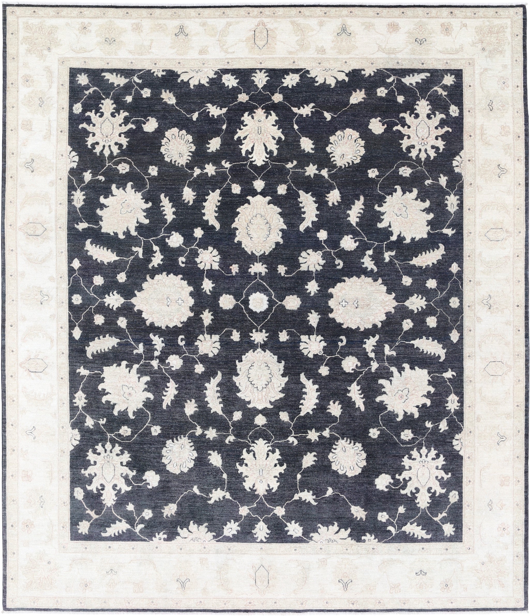 8.2x9.4 ft Hand Knotted Floral Area Rug with Black Field and Beige Border