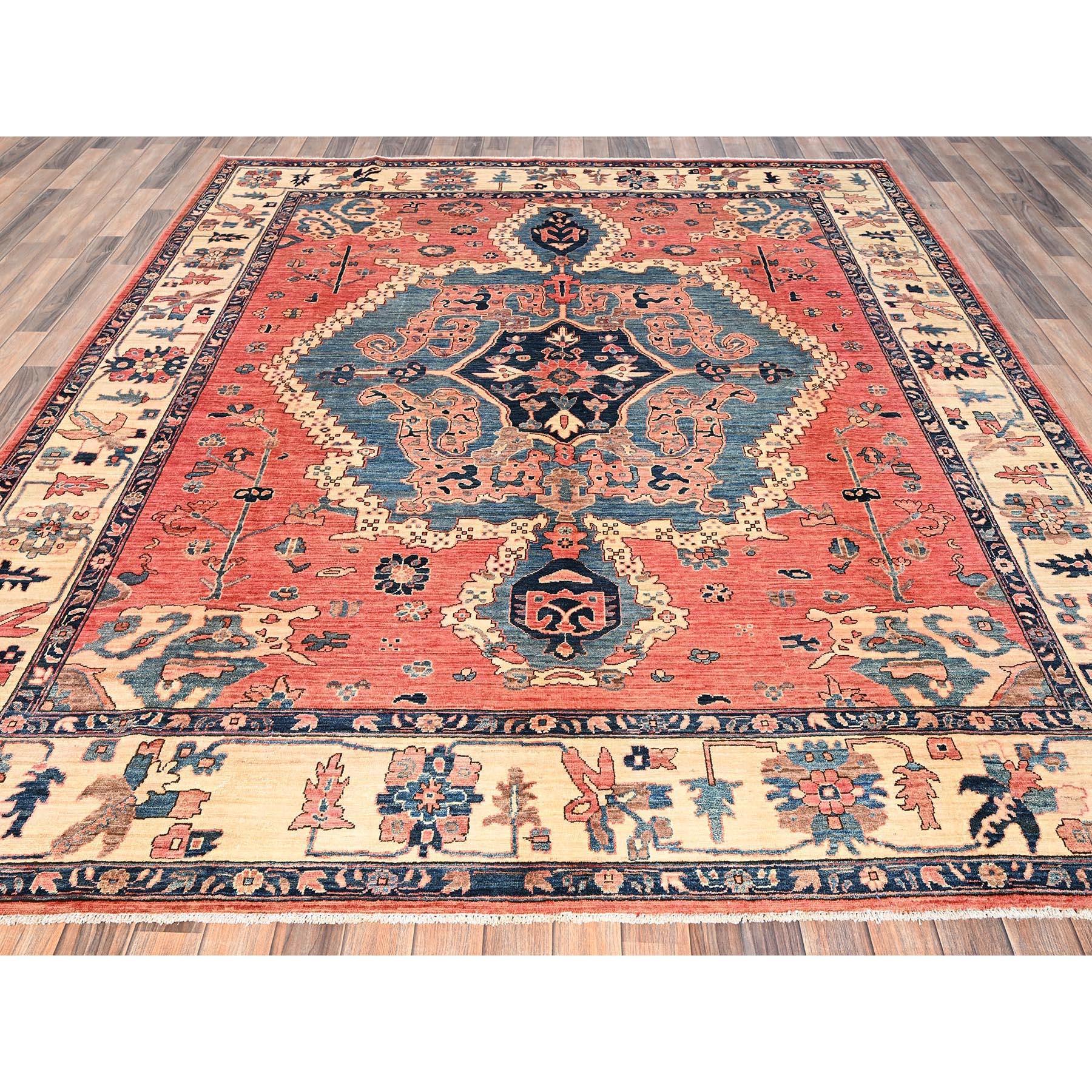 Coral Red, Serapi Heriz with Large Medallion Design, Aryana Collection, Vegetable Dyes, High Mountain Wool, Hand Knotted, Soft Pile, Densely Woven, Oriental Rug
Primary materials: Wool
Latex: No Pile 
height: 0.25 Inches
Style: Traditional
Primary