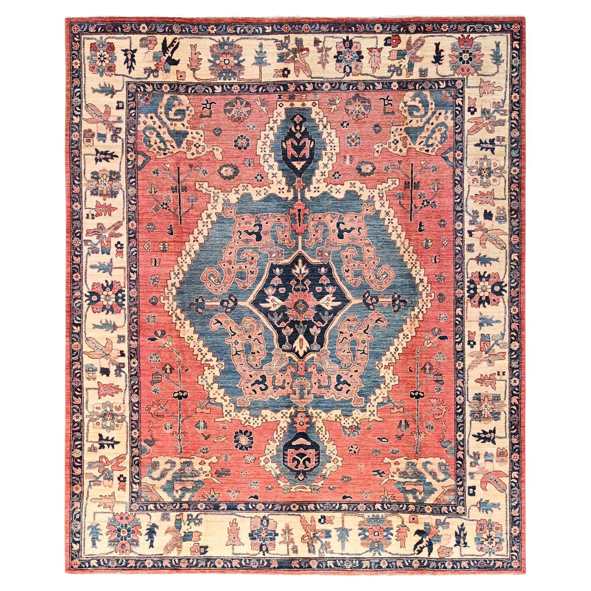 8
2 "x9
5" Alfombra Serapi Heriz Rojo Coral con Diseño Medallón Anudada a Mano Toda Lana