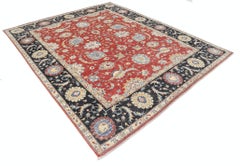 8.2x9.5 ft Handknotted Red, Navy Blue, Beige Wool Rug. Traditional Floral Carpet