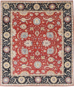 8.2x9.5 ft Handknotted Red, Navy Blue, Beige Wool Rug. Traditional Floral Carpet