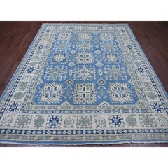 8'2"x9'6" Blue Vintage Look Kazak with Geometric Elements Wool Hand Knotted Rug