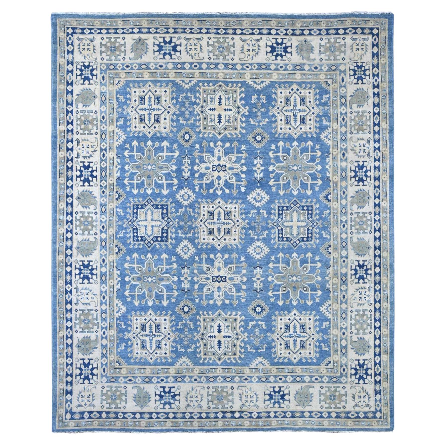 8'2"x9'6" Blue Vintage Look Kazak with Geometric Elements Wool Hand Knotted Rug