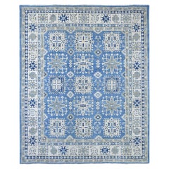 8'2"x9'6" Blue Vintage Look Kazak with Geometric Elements Wool Hand Knotted Rug
