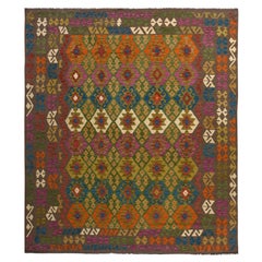 8'2"x9'6" Brown Colorful Afghan Kilim Hand Woven Flat Weave Pure Wool Rug