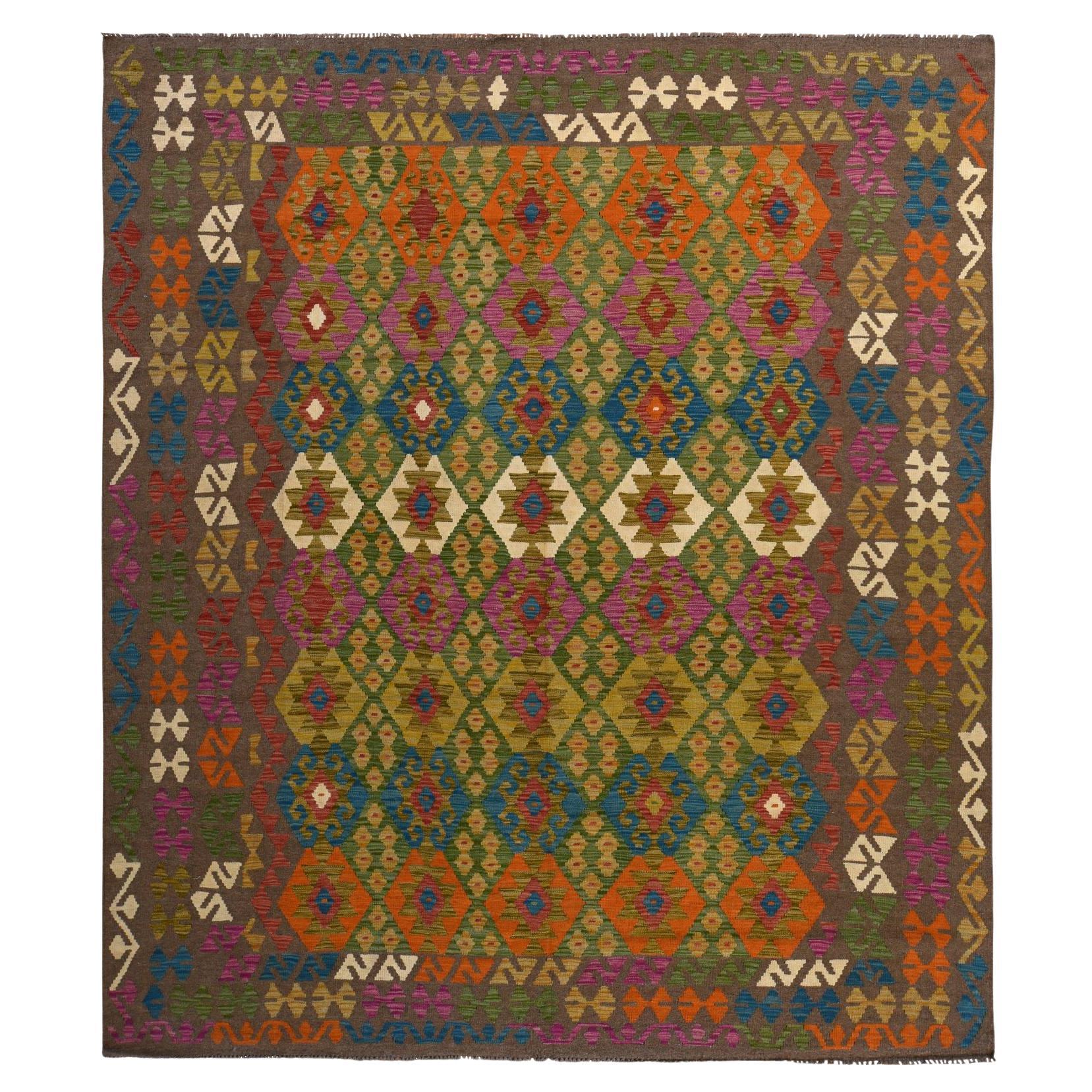8'2"x9'6" Brown Colorful Afghan Kilim Hand Woven Flat Weave Pure Wool Rug