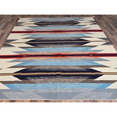 8'2"x9'7" Blue Flat Weave Southwest Geometric Design Hand Woven Pure Wool Rug