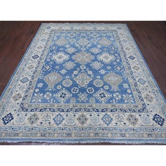 8'2"x9'7" Blue Hand Knotted Vintage Look Kazak with All Over Design Wool Rug