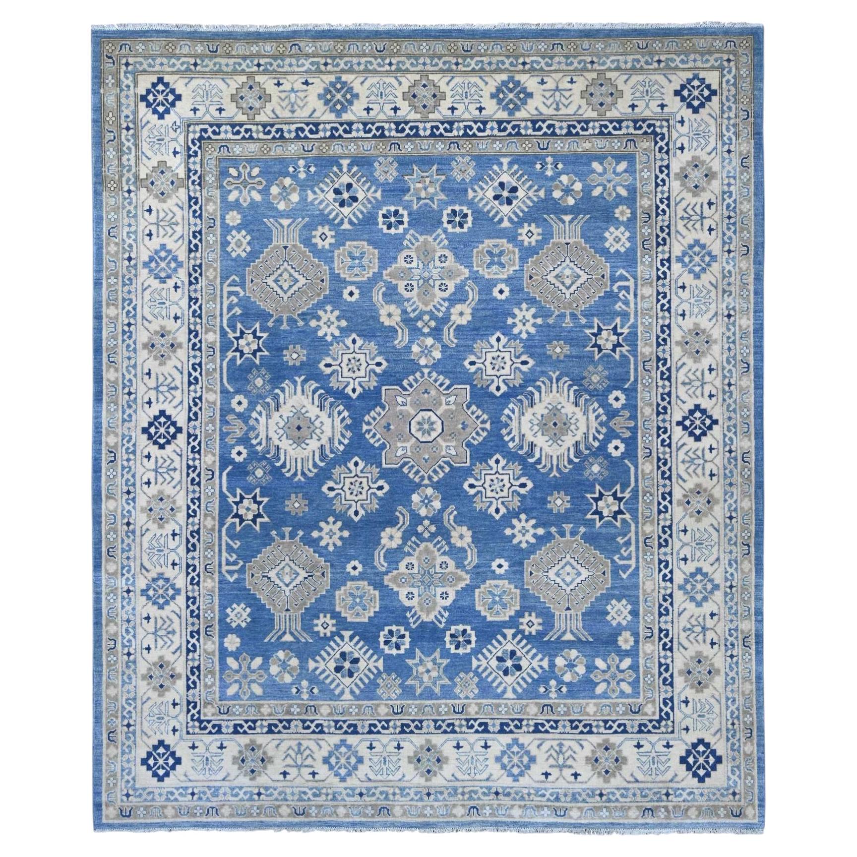 8'2"x9'7" Blue Hand Knotted Vintage Look Kazak with All Over Design Wool Rug