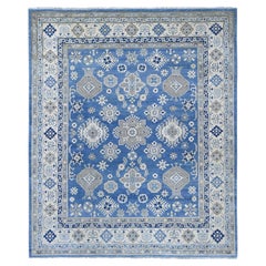 8'2"x9'7" Blue Hand Knotted Vintage Look Kazak with All Over Design Wool Rug