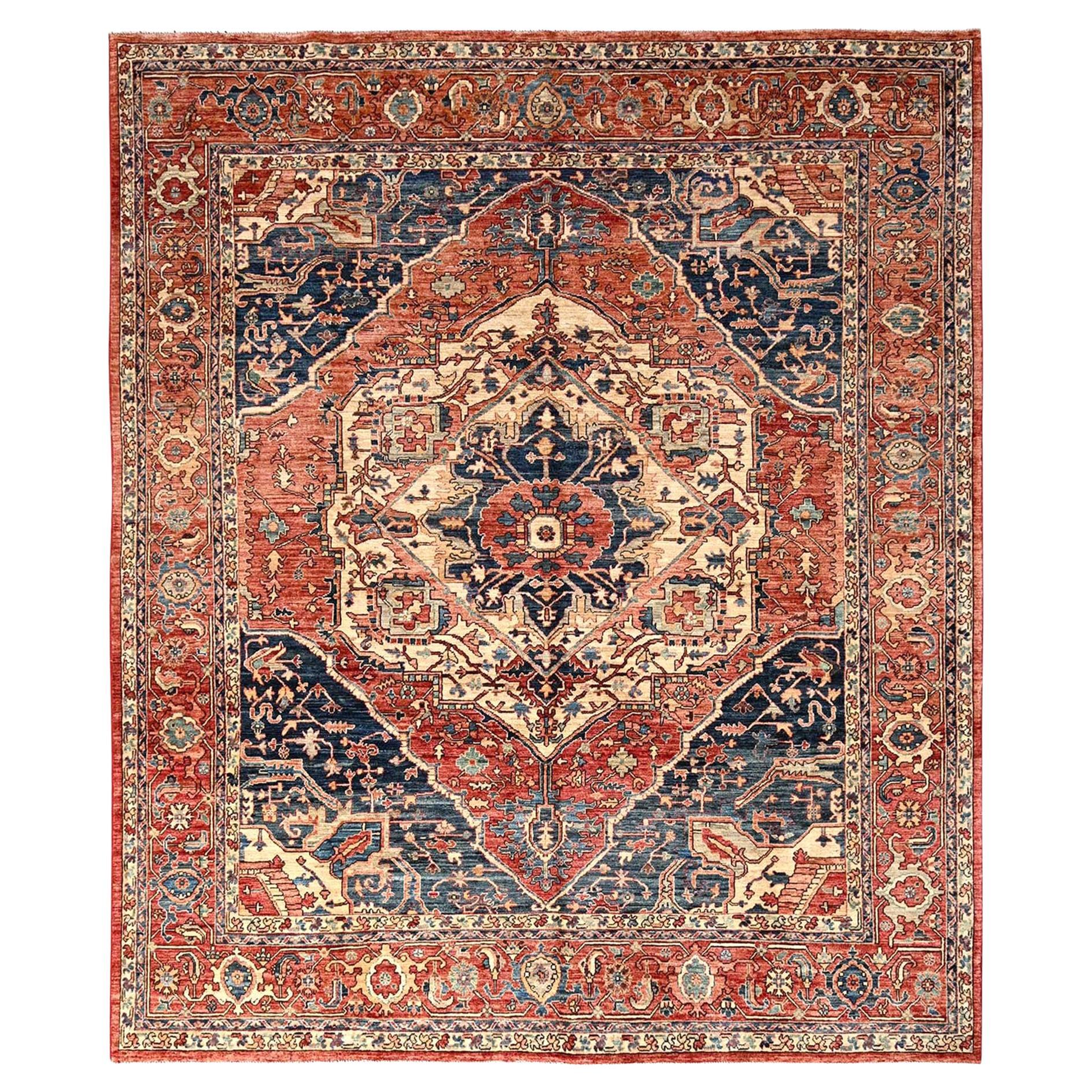 8
2 "x9
7" Alfombra Serapi Heriz Rojo Coral con Diseño Medallón Anudada a Mano Toda Lana