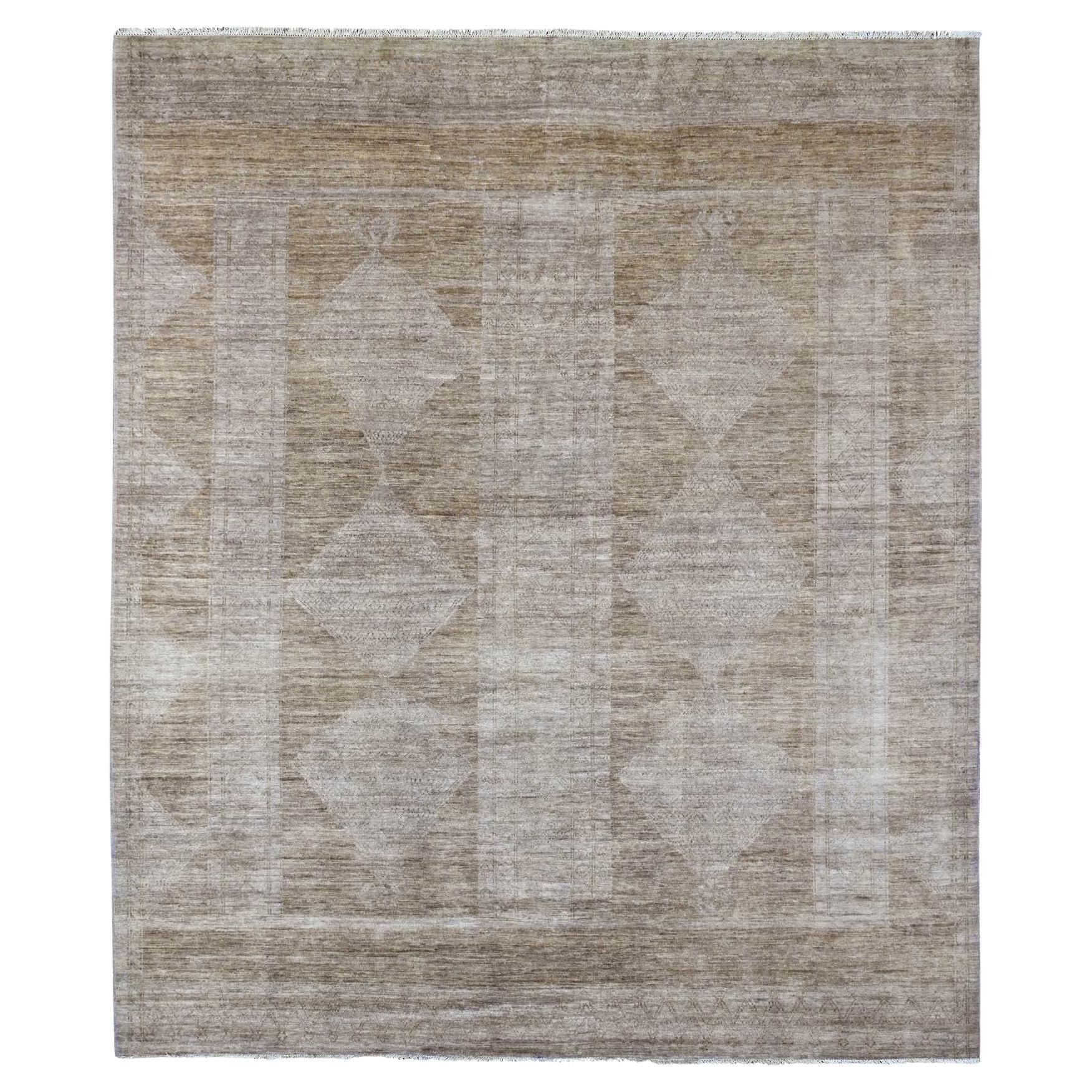 8'2 "x9'7" Tapis en laine nouée à la main Peshawar brun kaki avec inspiration turque Kars en vente