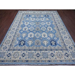 8'2"x9'8" Blue Hand Knotted Vintage Look Kazak with All Over Design Wool Rug