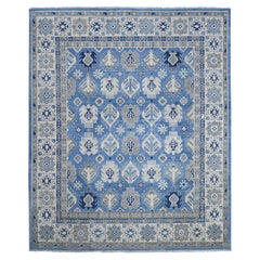 8'2"x9'8" Blue Hand Knotted Vintage Look Kazak with All Over Design Wool Rug