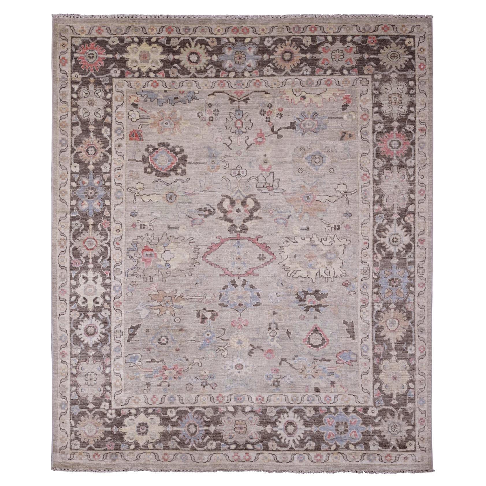 8'2"x9'8" Brown Leaf Design Afghan Angora Oushak Pure Wool Hand Knotted Rug